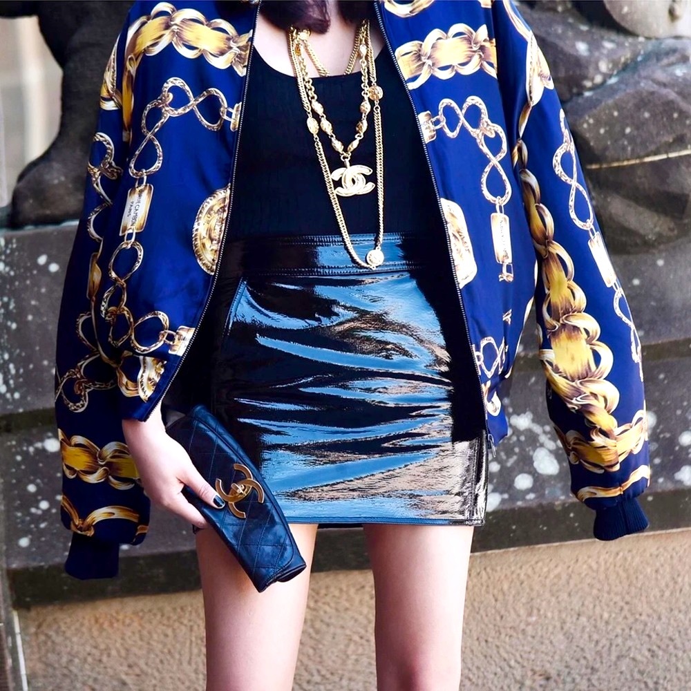 Blue gold chain print puff bomber jacket SZ S